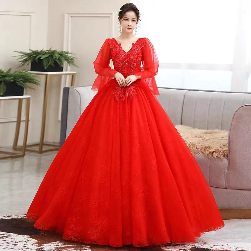 2024 Luxury Red Quinceanera Dresses Long Sleeve Appliques Beaded Sweet Party Gowns Vestido De 15 Anos 16th Party Wear