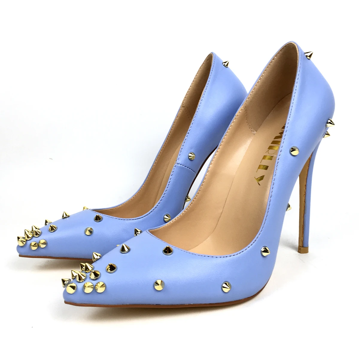 Zapatos de tacón alto con punta estrecha para mujer, tachuelas de aguja, traje de moda para mujer, calzado azul cielo y rosa, personalizado