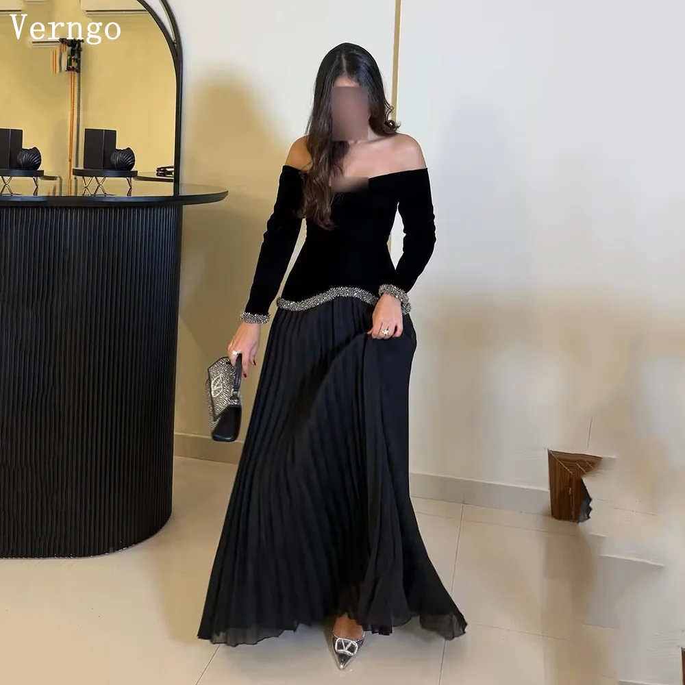 Verngo Black Velvet Evening Dress Sequined Glitter A Line Forma Dress Arabic Full Sleeves A Line Prom Party Dresses Customized