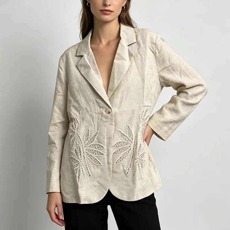 HKSH Women's Blazer Elegant Fashion Solid Color Embroidered Hollow Out Single Button Design Casual Long Sleeve Suit-Coat HK26115