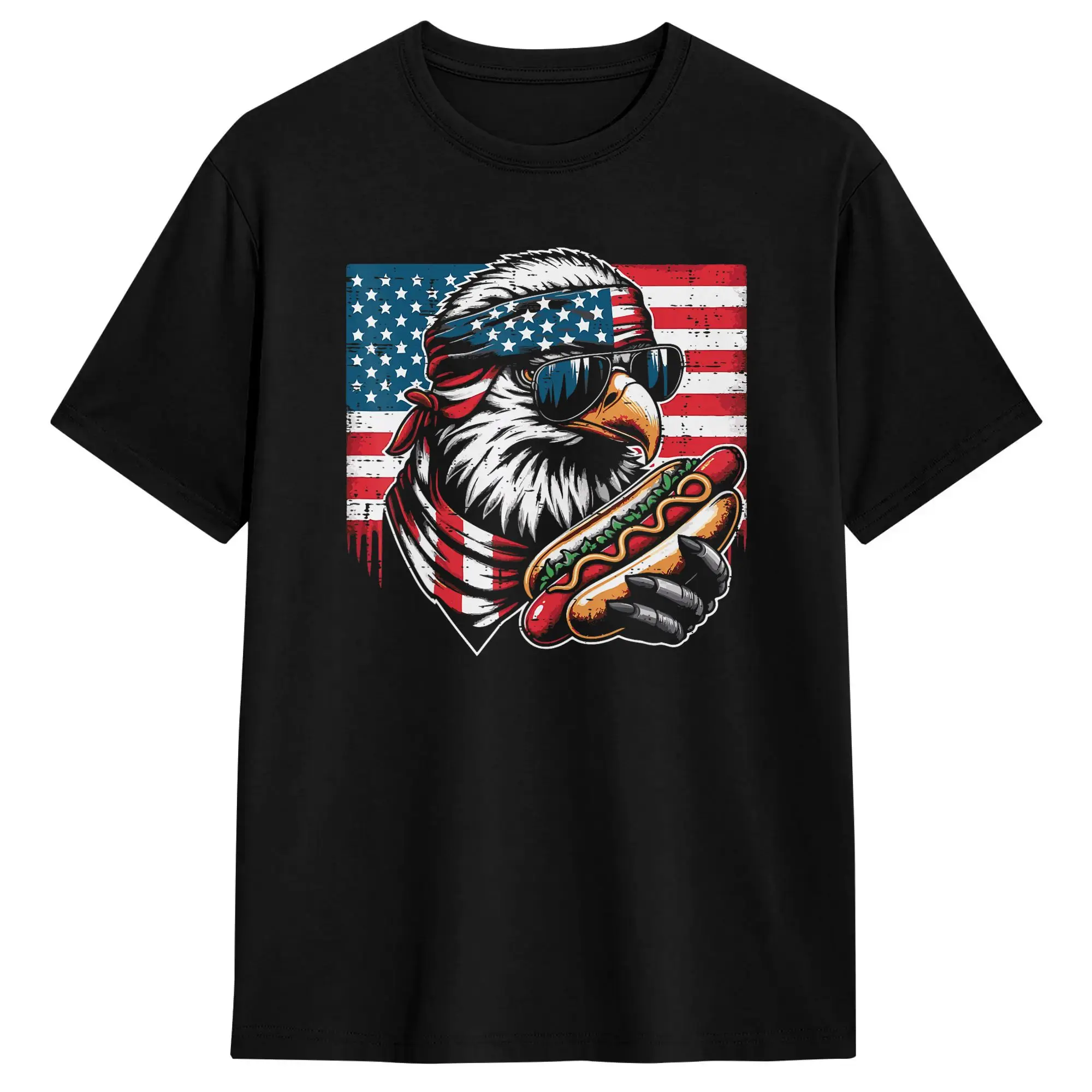 Bald Eagle US Flag Hotdog Freedom Patriotic Cotton T Shirt For Men Summer  Aesthetic T-Shirts Hip Hop Tees Big Size Pattern Tops