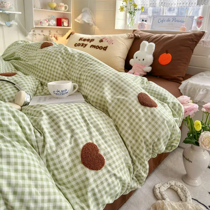 3/4Pcs Bedding Set Summer Comforter Set Cute Fresh Green Checkered Heart Double Single Bed Linen Queen Bed Sheets Plaid De Luxe