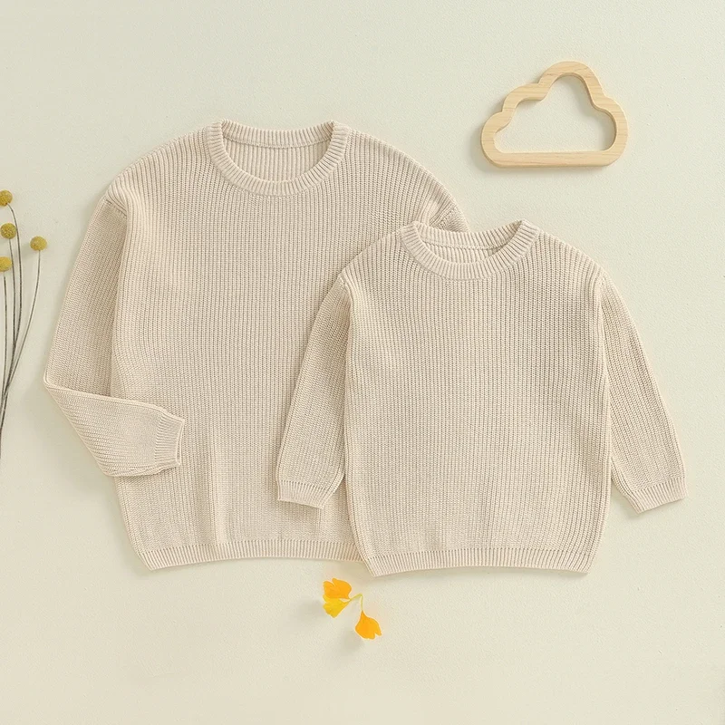 

Autumn Winter Fashion Mommy and Me Matching Sweaters Solid Color Ribbed Long Sleeve Round Neck Chunky Knit Tops