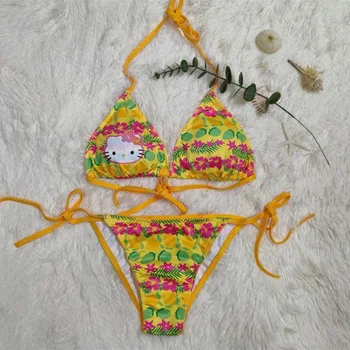 Sanrio Hello Kitty Bikini Sets Sling Bh Sexy Korte Tweedelige Set Vrouwen Tropische Hawaii Stijl Trendy Badpak Ondergoed Slipje