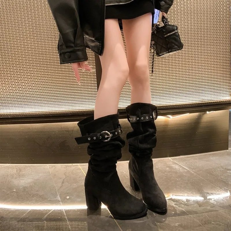 

Hot Seller 2026 Autumn Winter Designer Buckle Strap Women Knee High Boots Fashion THick Heels Comfortable Long Botas Size 34-41