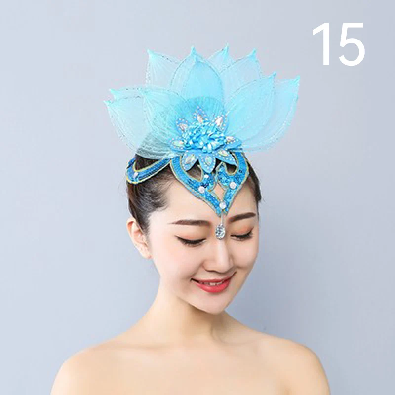 Dance Elegant Veil Brim Hats Headdress Show Stage Performance Costume Hair Accessories Women Yangko Folk Dance Hair Flowers