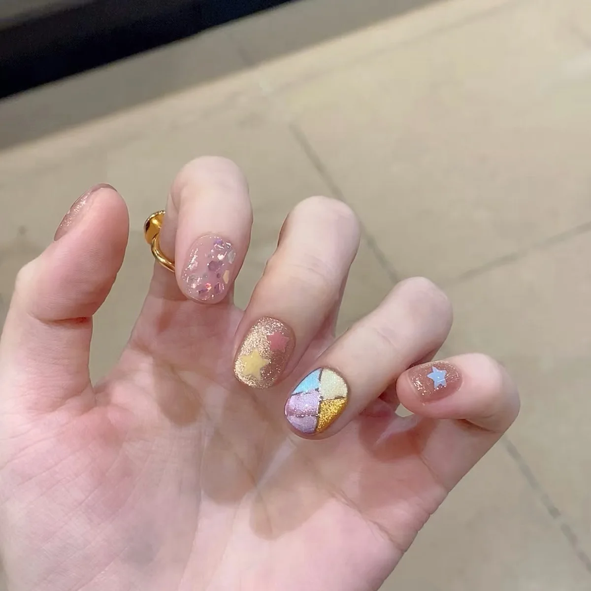 10PCS Handmade Press on Nails Sparkling Cat Eyes Fake Nails Hand Drawn Geometric Color Blocks Star Glitter Nail Flakes