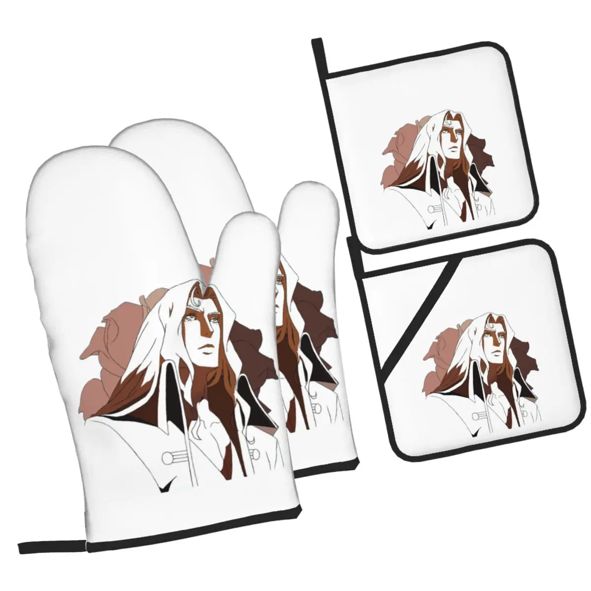 

Alucard From Castlevania, наборы из 4 рукавиц для духовки и подставок для кастрюль для выпечки, кухни, приготовления пищи, устойчивых к барбекю нескользящих перчаток