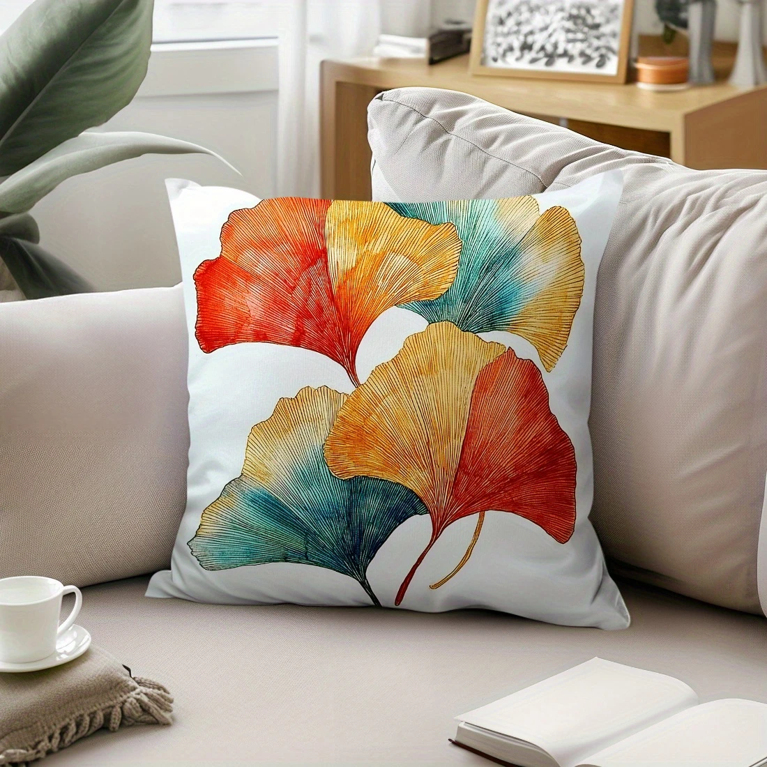 Colorful Ginkgo Biloba Leaf Pillow Cover Watercolor Print Artistic Botanical Cushion Case for Sofa Bed Couch  Boho Home Decor