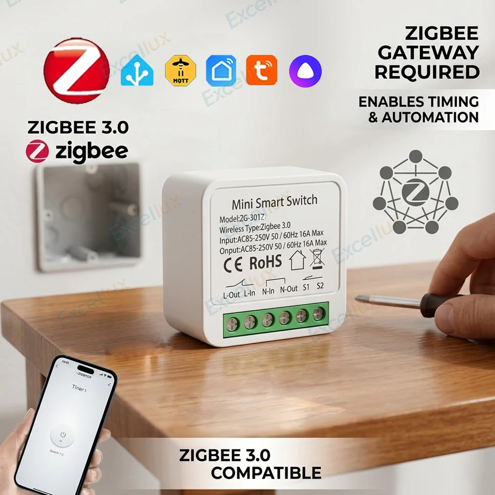 16A Zigbee 3.0 Mini Smart DIY Switch 2 Way Control Smart Home Relay Automation Breaker Works With Tuya Zigbee2MQTT Yandex Alice