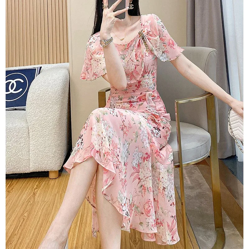 

Summer Round Neck Sweet Floral Printing Midi Dress Ladies Short Sleeve Casual Fashion Robe Women Ruffles Vintage Vestidos B221