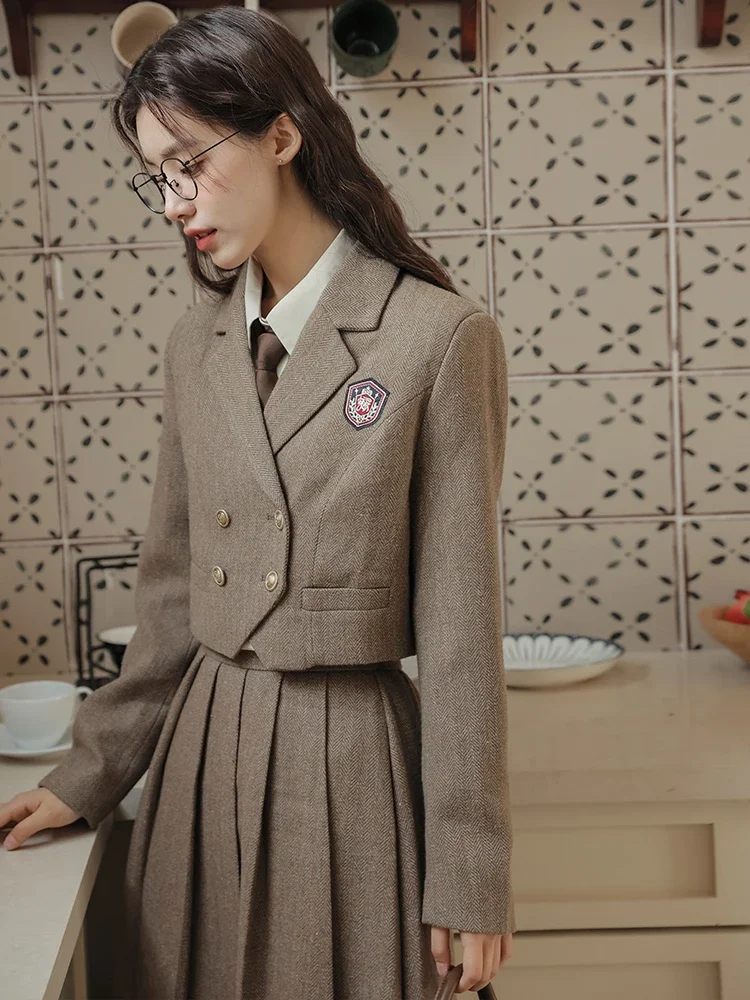 UNXX Autumn/Winter Academy Style Badge Embroidered Blazer Skirt Suits Vintage Solid Blazers Pleated Skirt Two Piece Set Women's