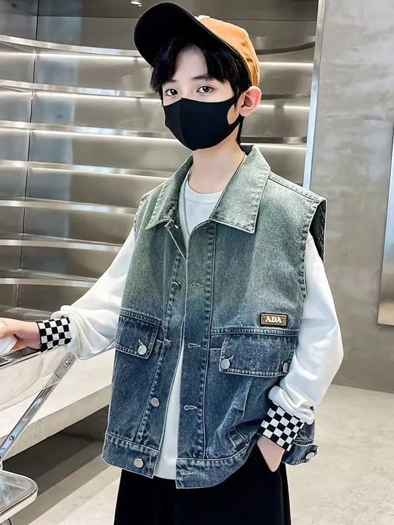 Boy Casual Blue Denim WaistcoatKids Designer Denim Vest for With Pocket Street Outerwear Child Elegant Sleeveless Jacket 5-14Y