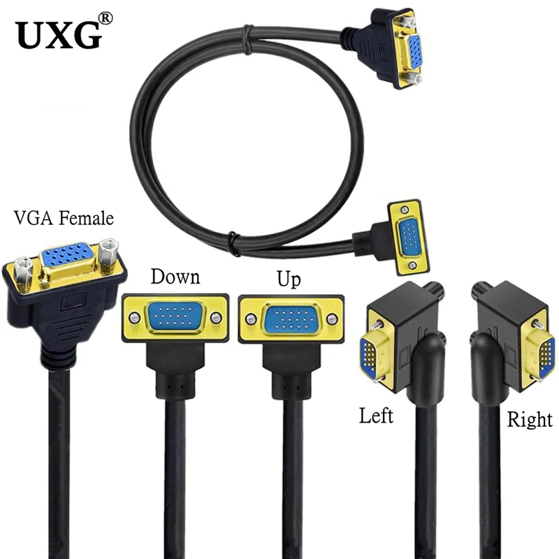 Gold Plated 90 Degree Angled VGA Cable VGA Male to VGA Female Extension Cable Cord 1080P Full HD Computer Monitor Cable 0.5M