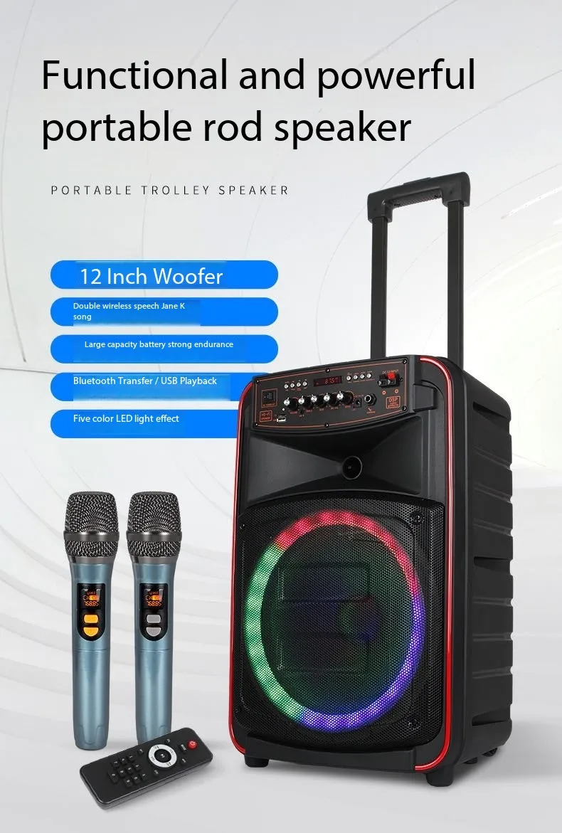 

500W High-Power Audience Bluetooth Speaker Portable Outdoor Karaoke Trolley With Wireless Dual MIC 3D Surround Sound Subwoofer