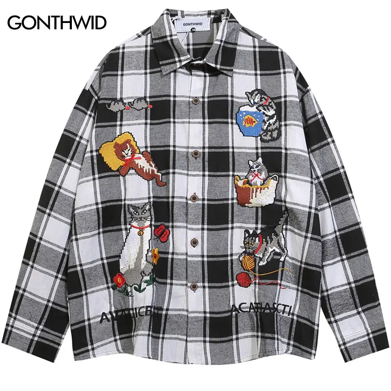 Mens Plaid Shirt Y2K Harajuku Embroidered Cartoon Cat Long Sleeve Shirts Hip Hop Vintage Casual Loose Cotton Blouse Tops Red