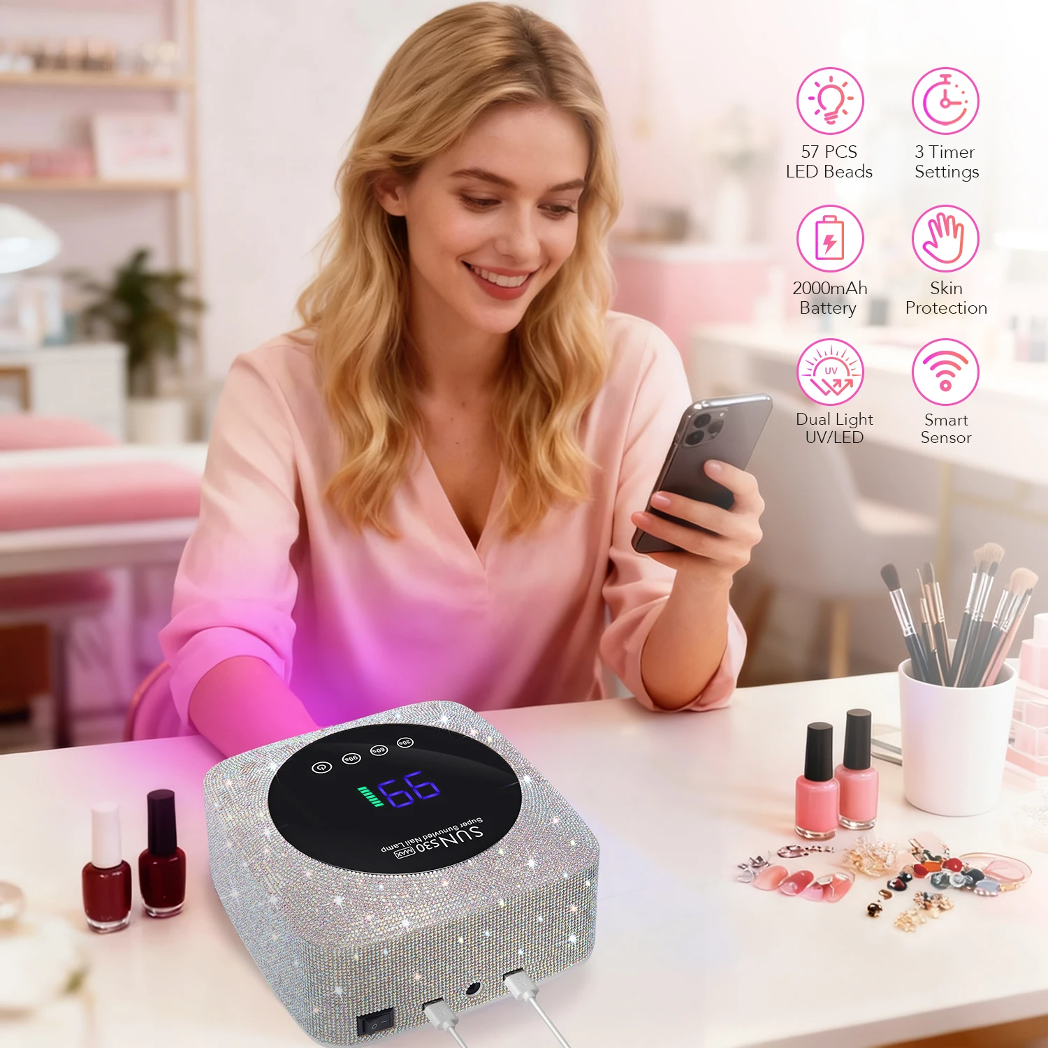 DianaBeauty UV LED Nail Lamp مجفف أظافر لاسلكي قابل لإعادة الشحن مع حجر الراين و3 إعدادات للمؤقت مصباح الأشعة فوق البنفسجية المحمول للأظافر