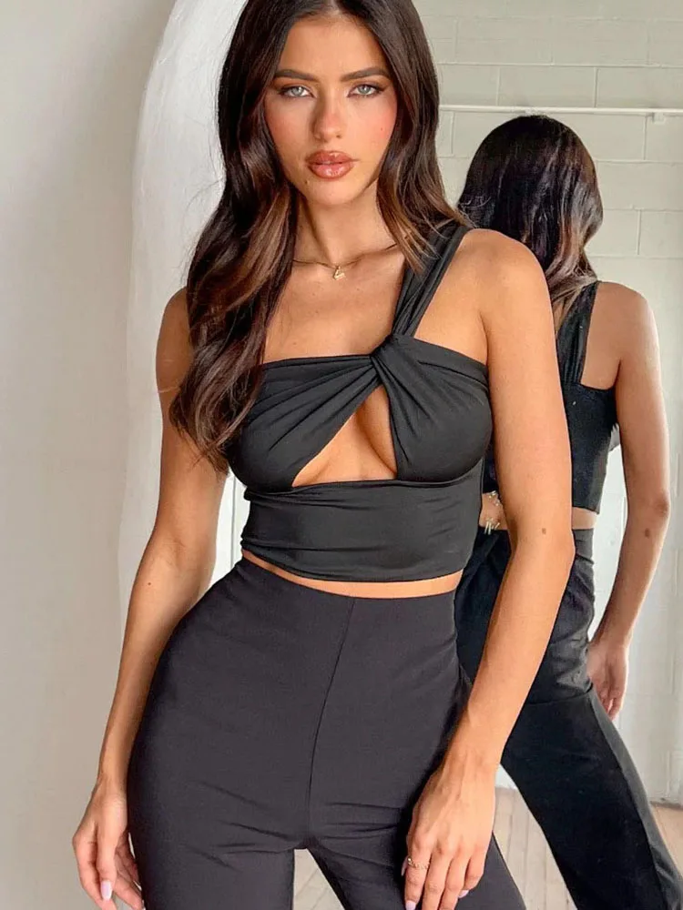 2025 New Women's Spicy Girl Sexy One Shoulder Tight Hollow Out Back Short Top Bar Nightclub