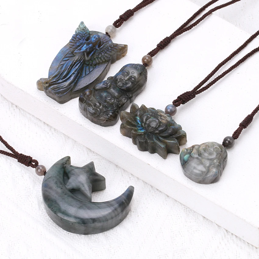 Reiki Healing Natural Stone Labradorite Necklace Engraved Angel Star Moon Lotus Fox Owl Pendants for Man Fashion Amulet Jewelry