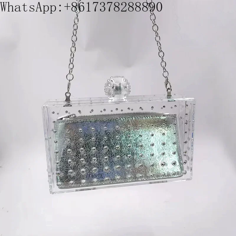 new European and American fashion diagonal square  transparent solid color handbag shoulder acrylic small party bag dinner bag