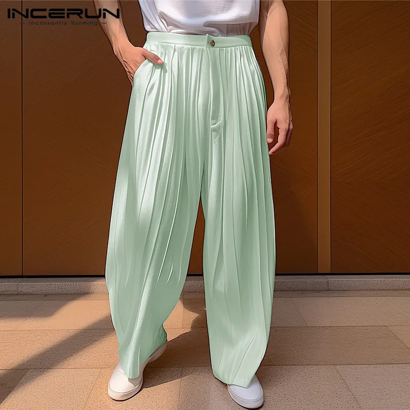 Men Pants Solid Color Button Joggers Loose Pleated Streetwear Casual Straight Trousers Men 2024 Fashion Long Pants S-5XL INCERUN