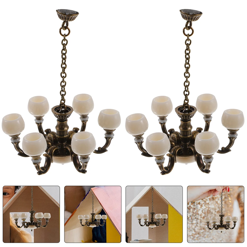 

2pcs 1:12 Dollhouse Miniature Retro Lamp Chandelier Light Ceiling Lamp Light Furniture Model DollHouse Livingroon Scene Decor