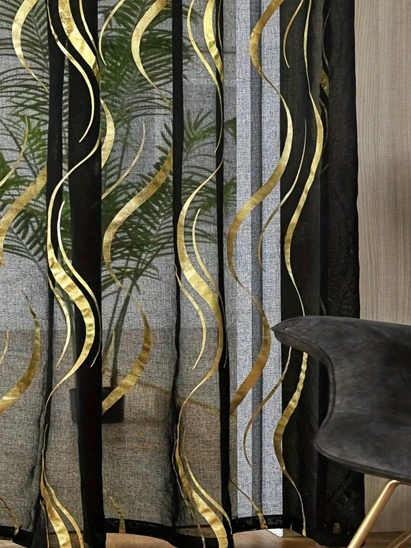 Black Gold Wave Gauze Curtain with Pole Pocket,Simple Home Decor for Bedrooms Studies Living Rooms