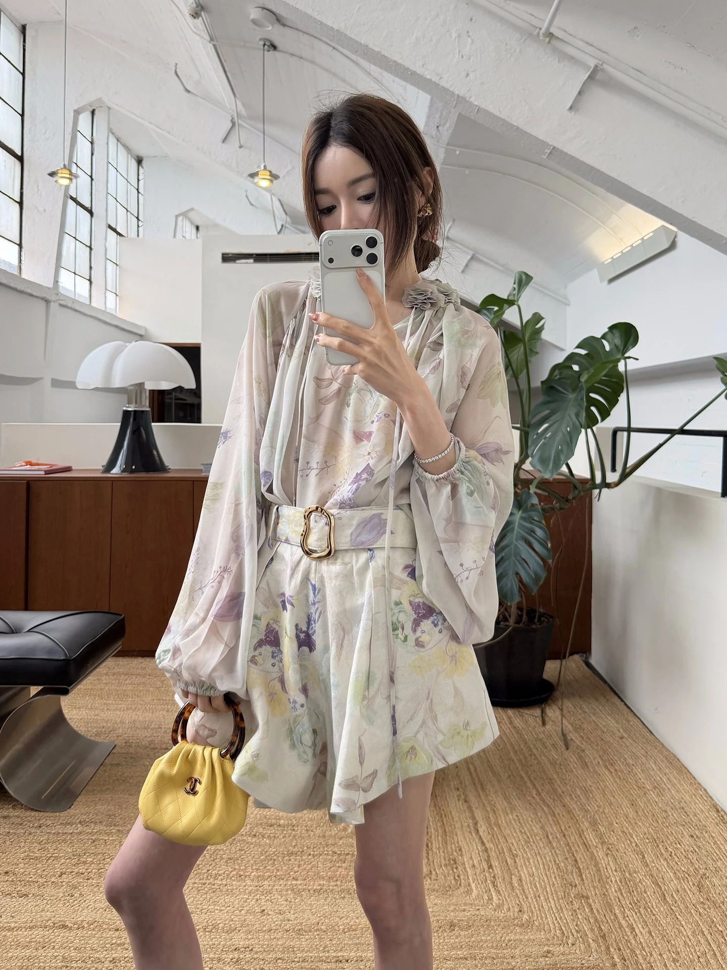 

SMOL "Flower Shadow" Women's Casual Cotton Shirt And Linen Shorts Print Two-Piece Set Spring Fashion Outfit Floral Design