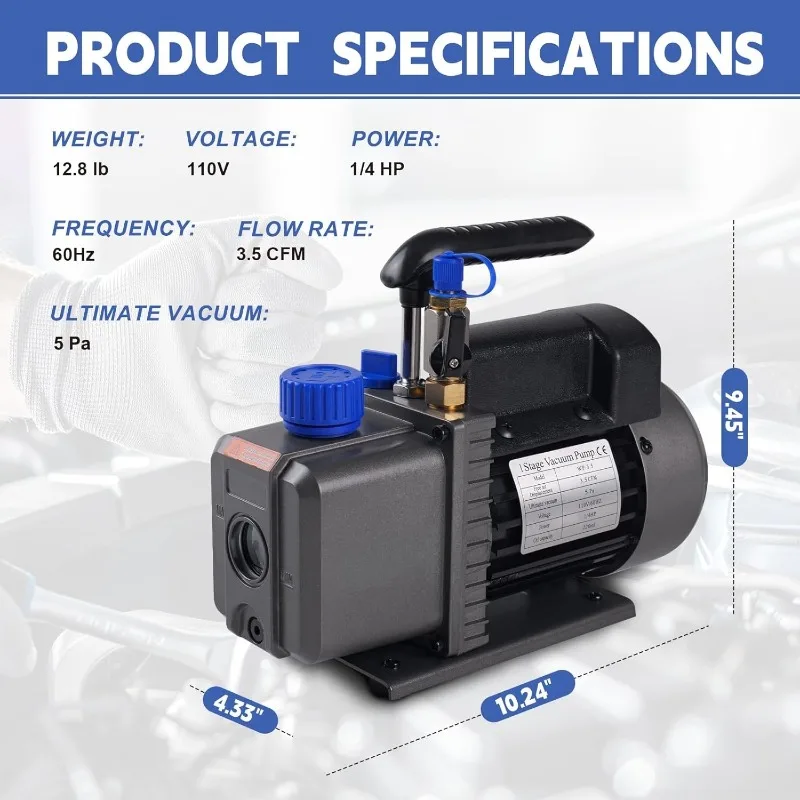 

3.5 CFM Vacuum Pump, 110V 1/4 HP Single Stage Rotary Vane Air Vacuum Pump for HVAC/AUTO, AC Refrigerant Recharging