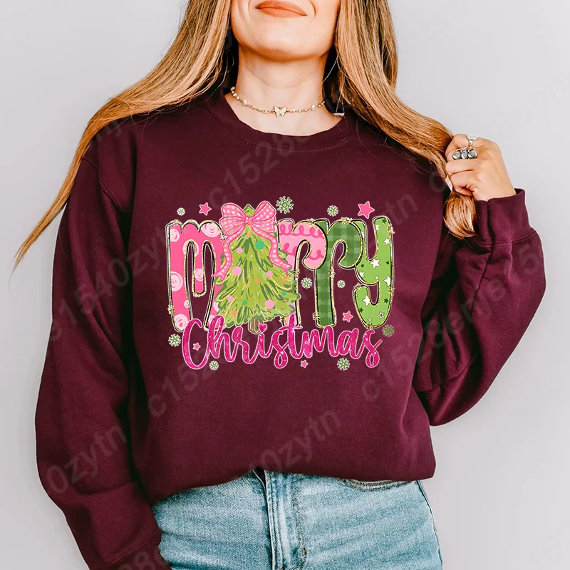 

Christmas Tree Bow Merry Christmas Print Sweatshirts Winter Long Sleeves Round Neck Casual Pullovers Women Hoodeless Sweatshirts