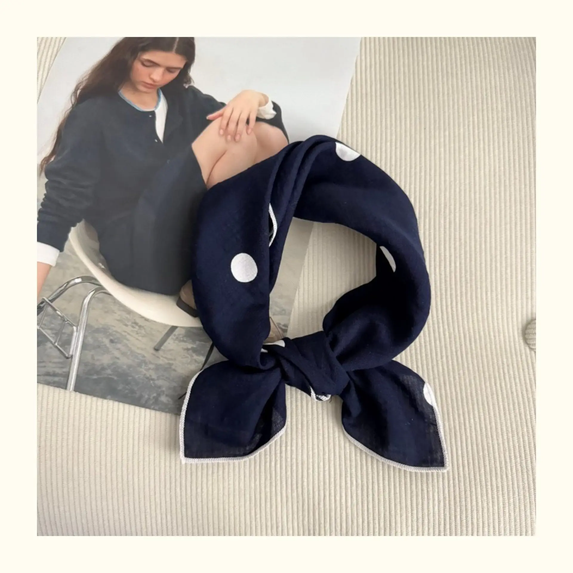 korean-sle-artistic-polka-dot-square-scarf-women's-spring-summer-versatile-pure-cotton-silk-scarf-decorative-hairband-anti