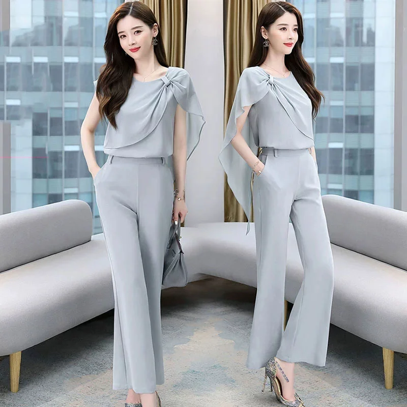 

Summer 2023 New Wide Leg Pants Suit Female Chiffon Fashion Temperament Ladies Two-piece Set of Foreign air Age-Reducing Women X4