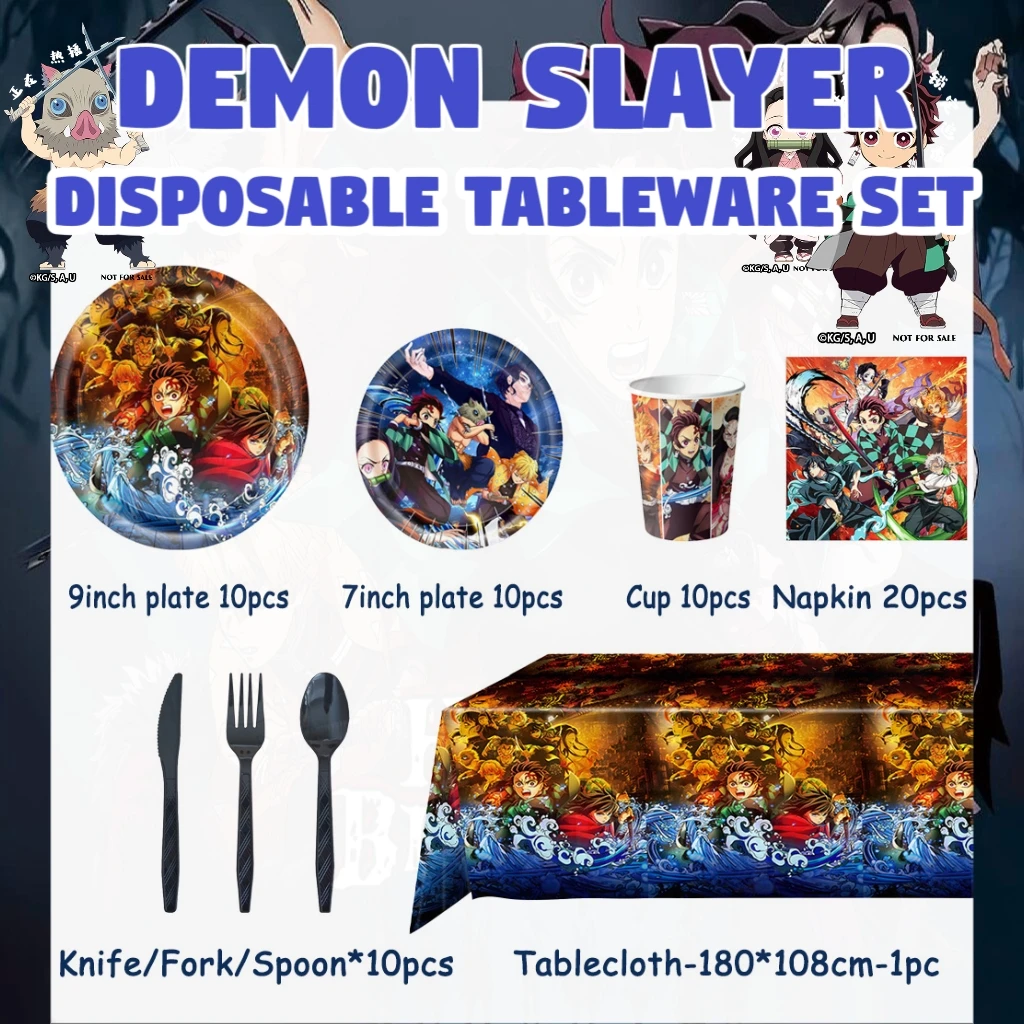 

Demon Slayer Birthday Party Supplies Disposable Tableware Set Anime No Yaiba Plates Cup Banner Napkin Backdrop Baby Shower Decor