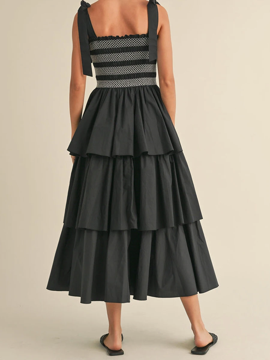 Abito da donna con spalline allacciate di nuova moda Abito estivo senza maniche con busto smock Abito con volant a strati Abito lungo fluido SML