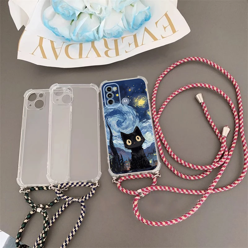 G 60 Nocturnal Cat Transparent Lanyard Phone Case For Motorola Moto G60S G60 G71 G42 G30 G24 G84 G73 G72 G40F G31 G62 G22 Cover