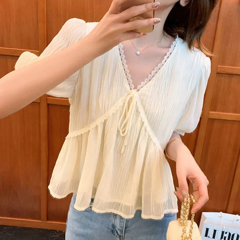 Nieuwe Zomer Chique Effen Kleur Retro Losse Koreaanse Stijl Damesshirt Esthetische Kantoordame Chiffon V-Hals Korte Mouw Tops L189