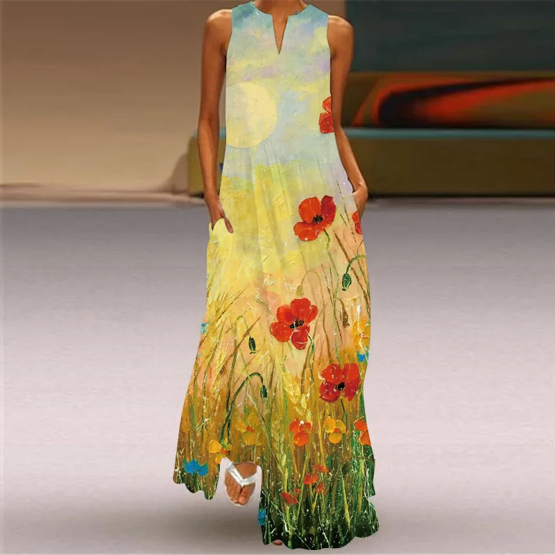 Summer New Retro Oil Painting Style Floral Print Long Dress Women's Summer Sexy Elegant Women's V Neck Pocket Beach Summer Dress