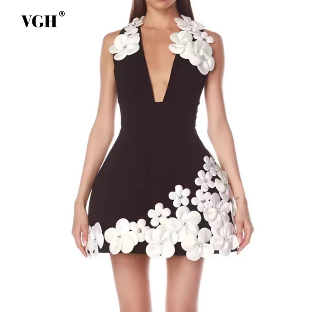 

VGH Hit Color Sexy Chic Evening Party Dress for Women Deep Neck Sleeveless High Waist Patchwork Appliques Short Dresses Female