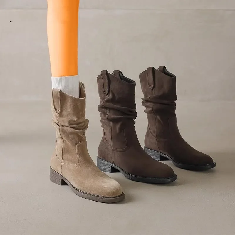 New Style Women's Natural Suede Leather Small Square Toe Slip-on Autumn Pleated Knee High Boots Casual Female Punk Western Boots