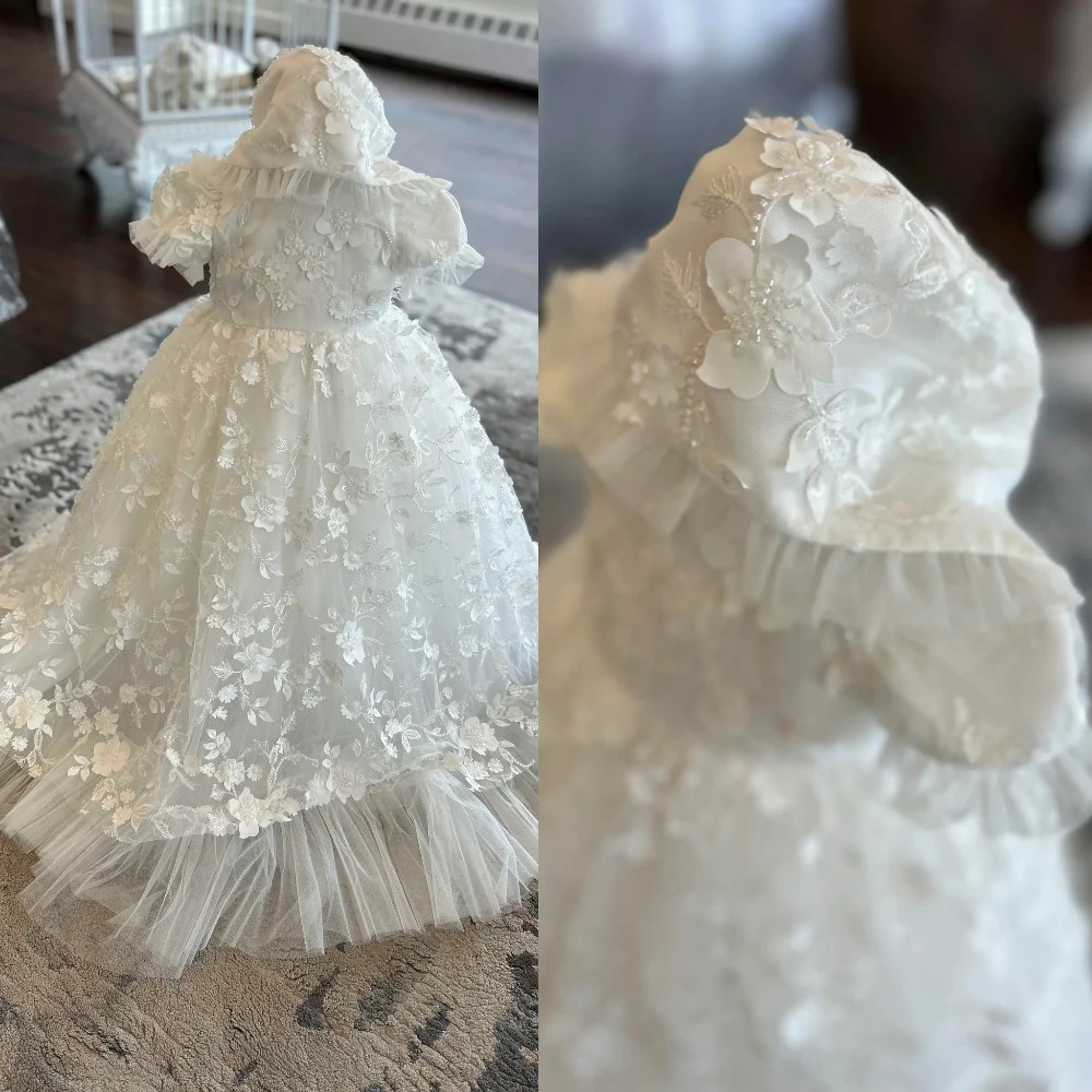 Luxury Infant Baptism Dress Flower Lace Appliques Beaded Baby Bonnet Dresses Set Customized Girls Christening Formal Gown