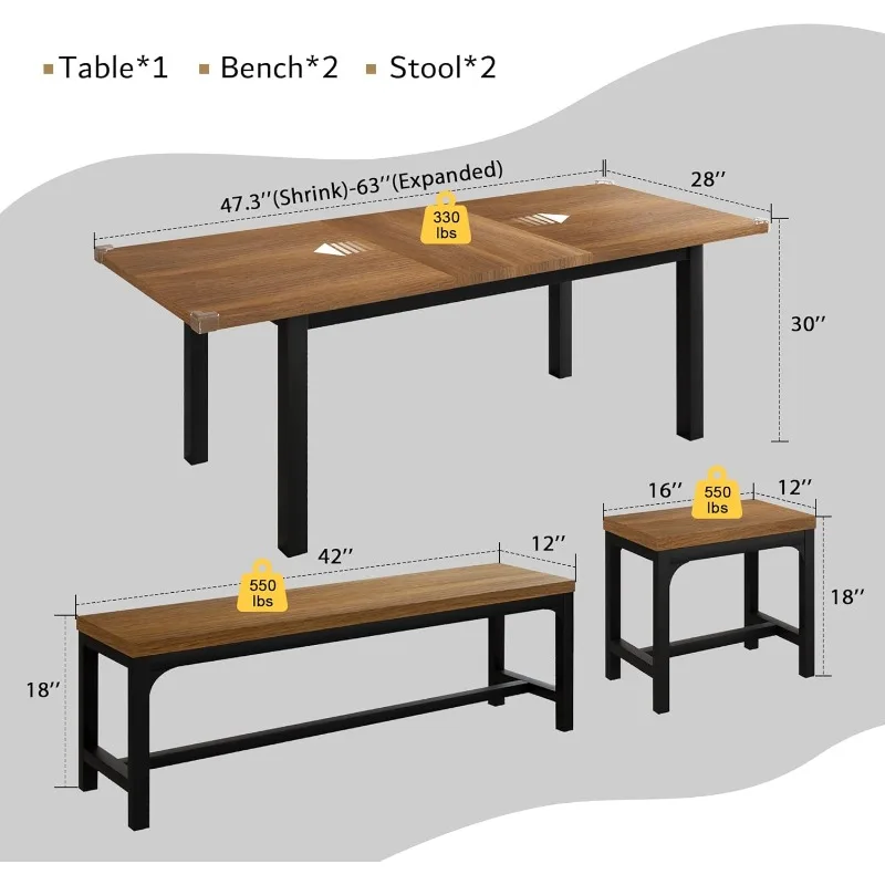 5-piece dining table set for 4-8 persons, extendable kitchen table with 2 benches and 2 square stools with metal frame and MDF