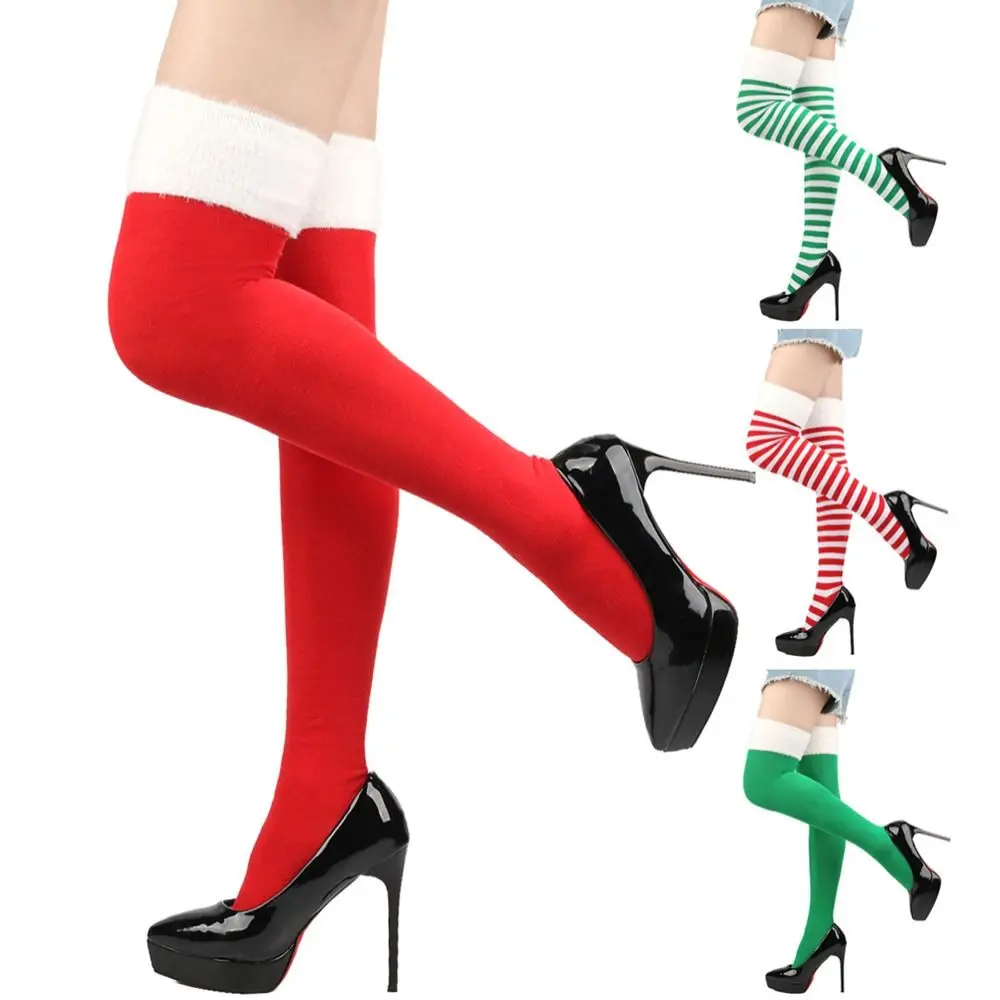 Sexy Polyester Cotton Over Knee High Socks Striped Slim Christmas Hosiery Multi-color Long Socks Women