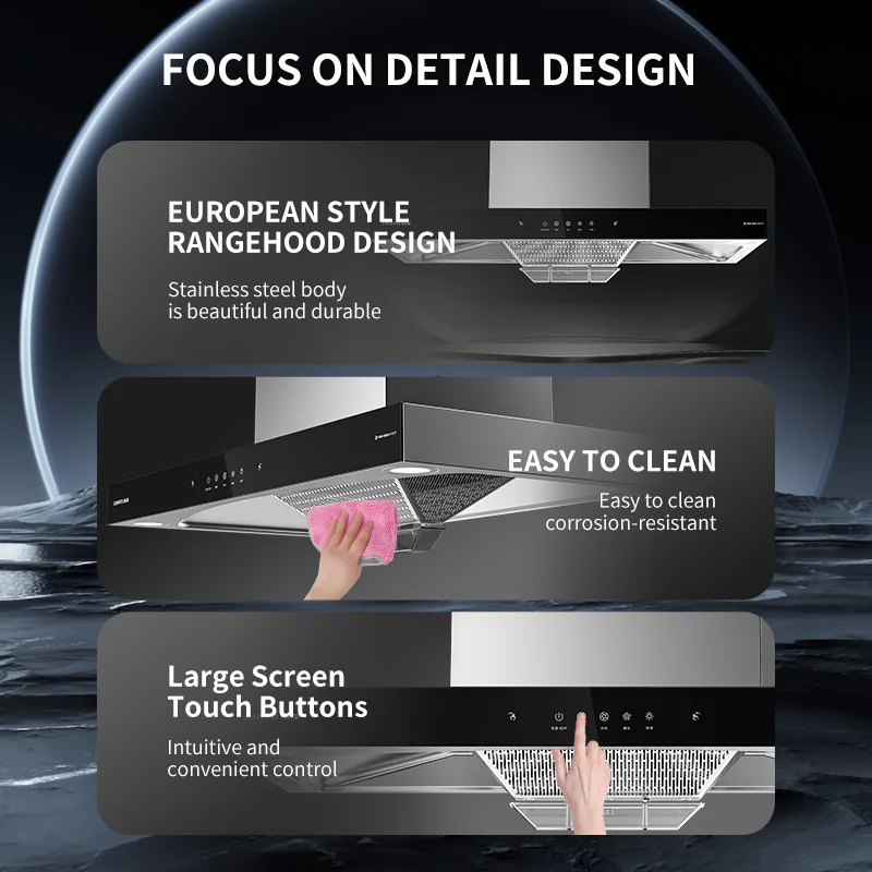 EU Standard Stainless Steel Island Chimney Hood, High Airflow Vented Extractor for Hotel Kitchens