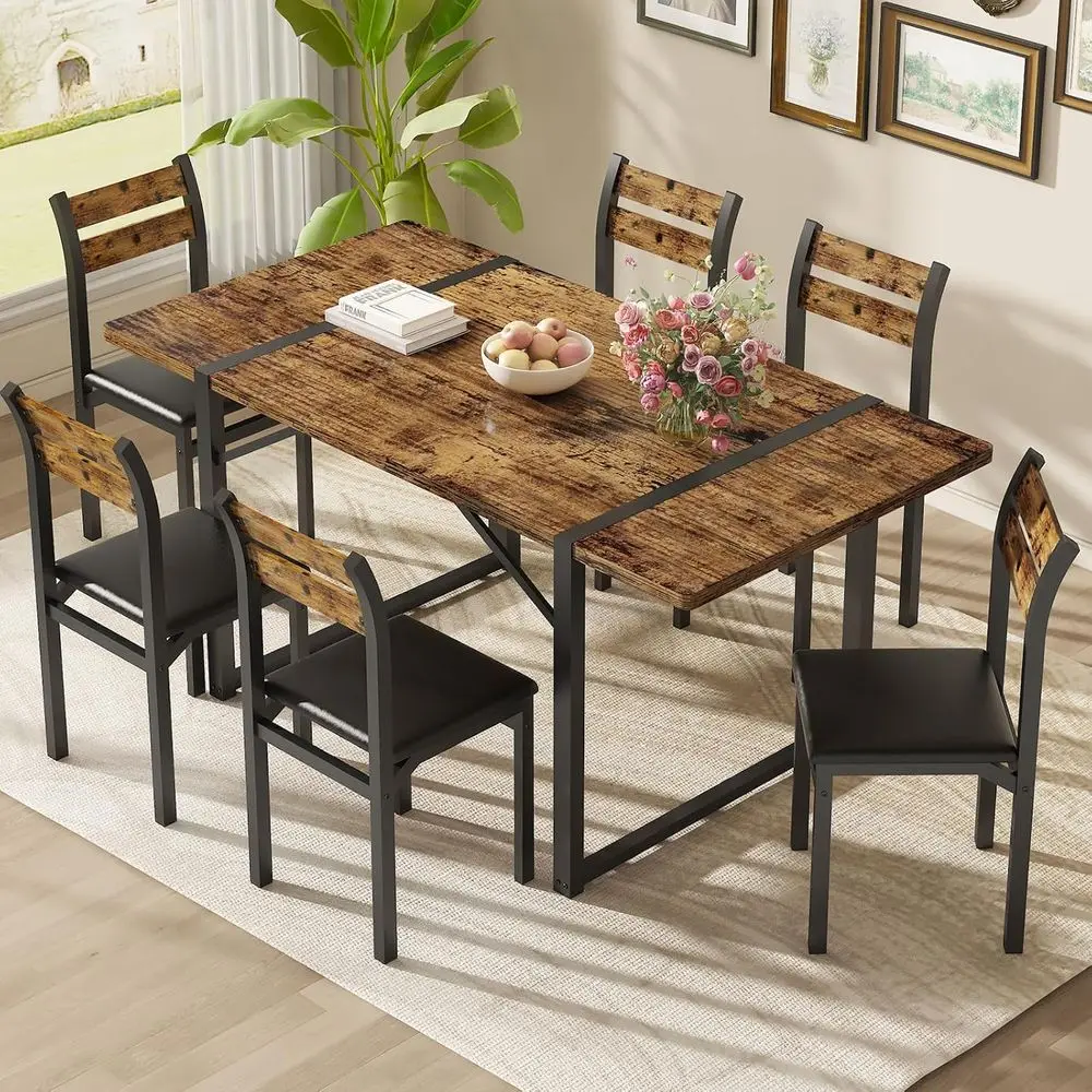 

6-Piece Rustic Brown Wooden Dining Set with Metal Chairs