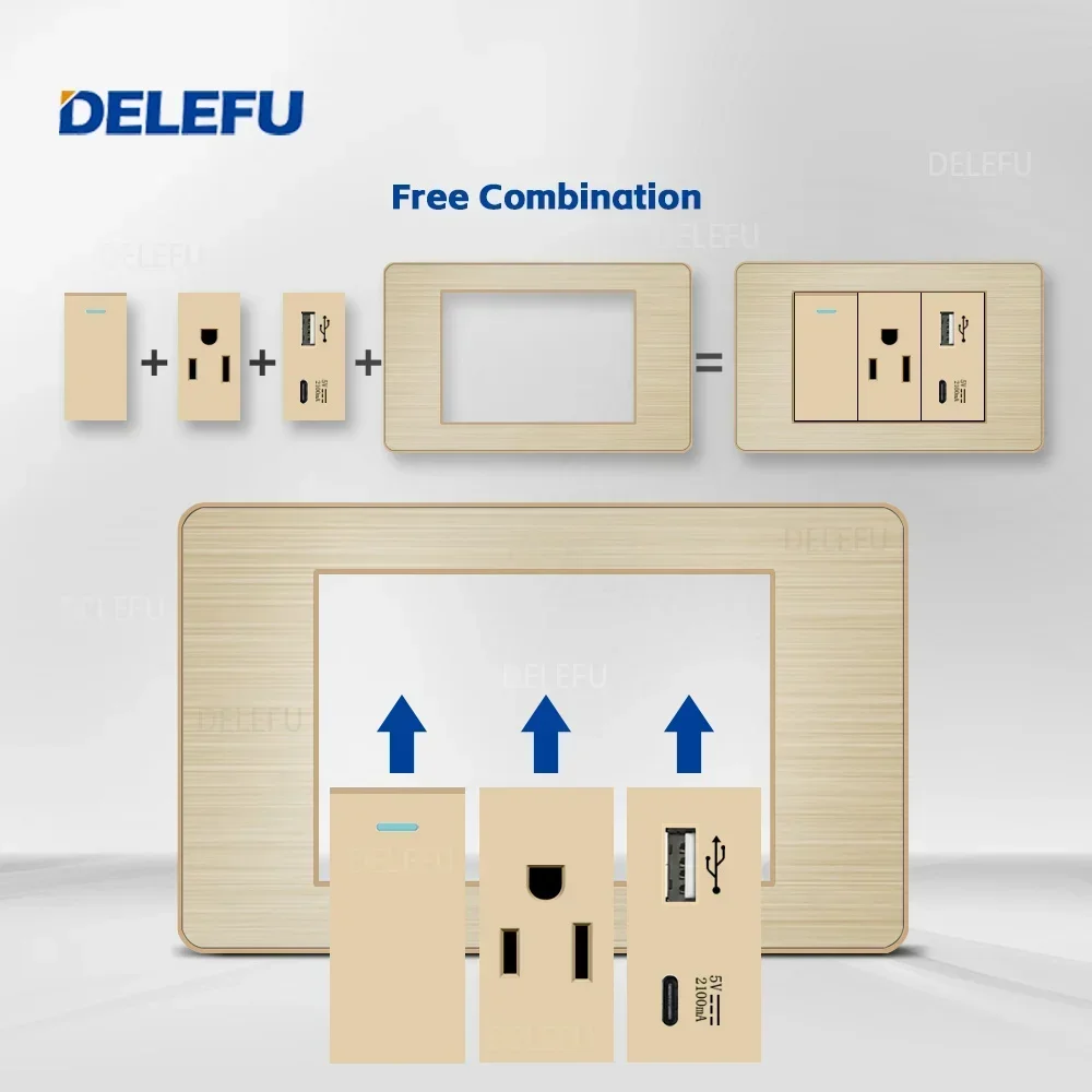 DELEFU- Stainless Steel Gold Panel Series American Standard Switch Socket Computer USB Type C Wall Power Socket