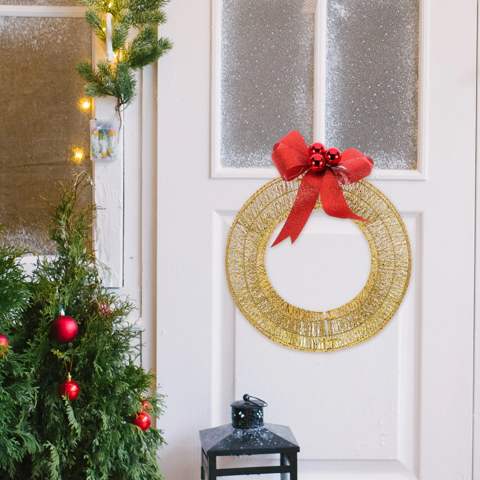 

LED Lighted Christmas Wreath Metal Frame Warm Lights Bow Holiday Wreath for Indoor Outdoor Front Door Festive Winter Decor