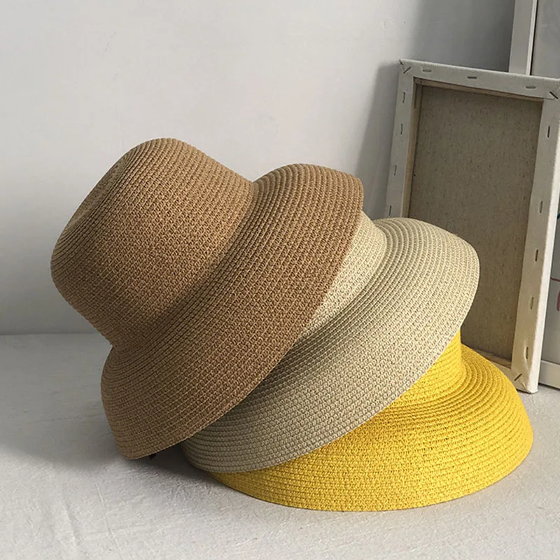 Everche-Chapeau d'été en paille uni pour femme, couvre-chef de plage, respirant, à large bord, protection UV, pour bord de mer et voyage, E27