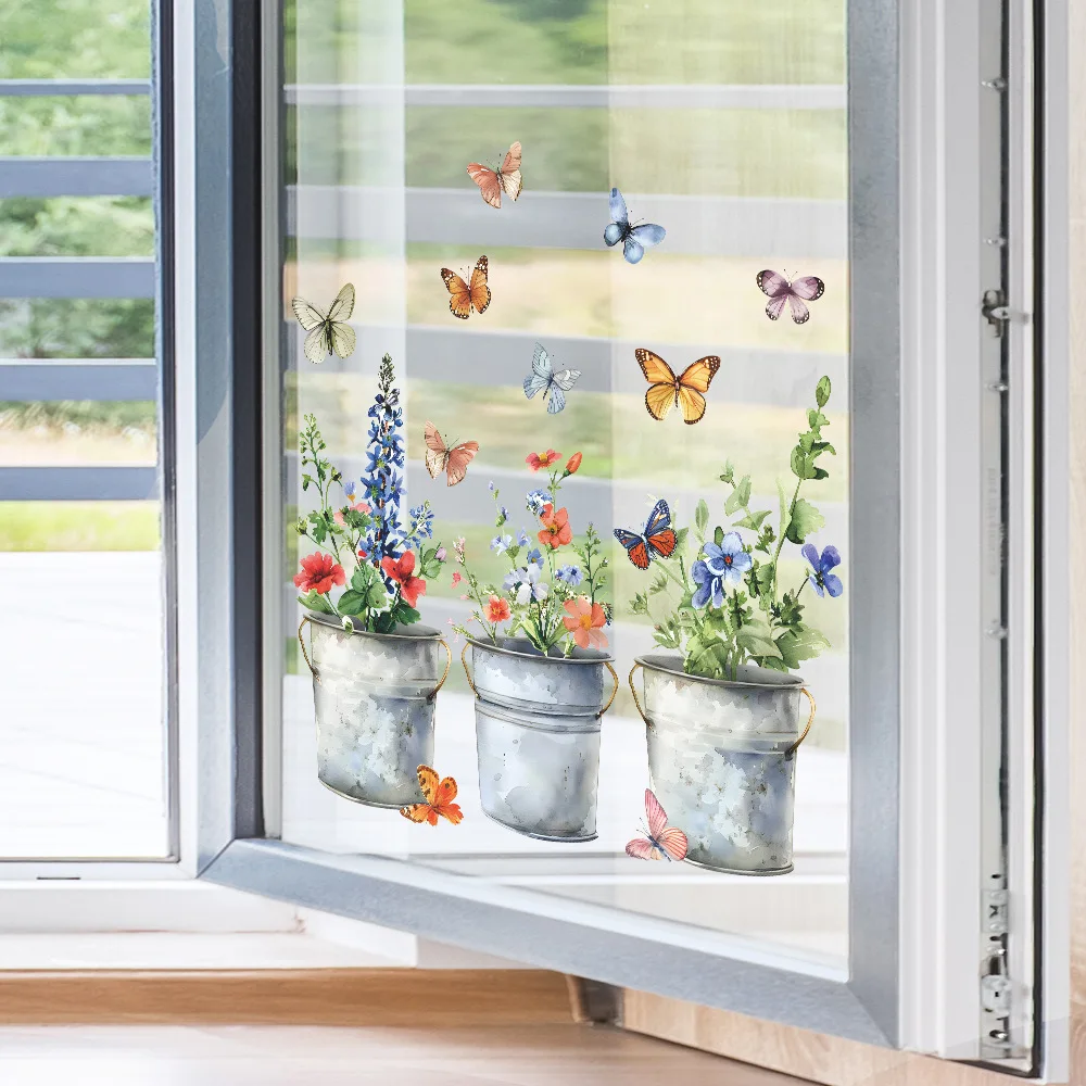 Rustic Style Flower and Butterfly Wall Stickers - Polypropylene, Self-Adhesive Window Decals for Home Decor - Glossy Finish, Irr