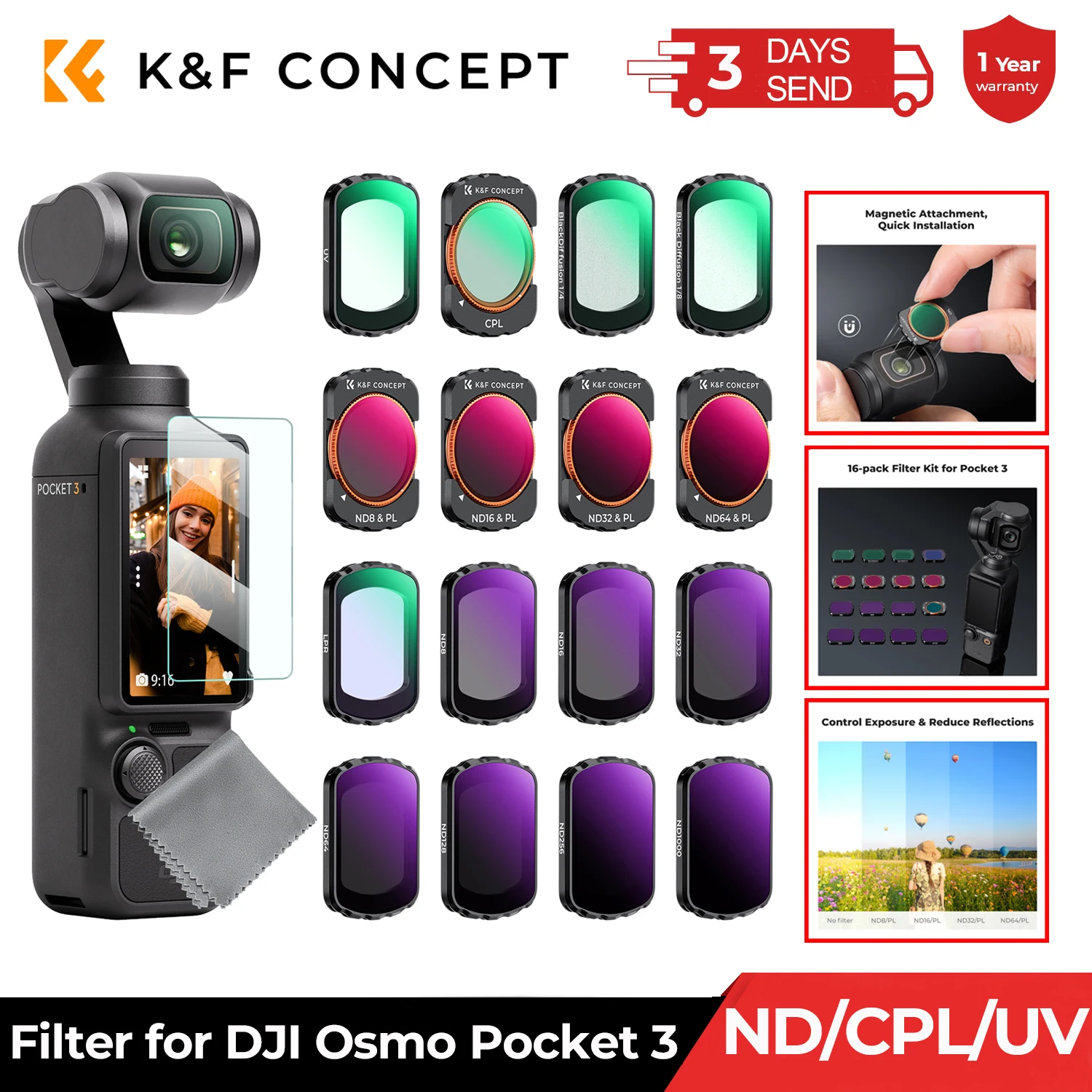 K&F CONCEPT Zestaw filtrów sportowych do DJI Osmo Pocket 3: UV CPL ND ND/PL Black Mist 1/2 1/4 1/8 LPR Star 1.2X Wide-Angle