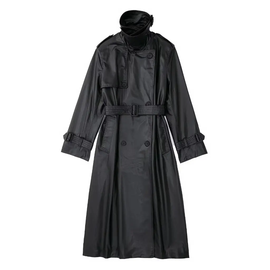 Trench coat longo de couro sintético preto feminino estilo europeu americano ins menina quente outono cintura legal apertado jaqueta de manga longa